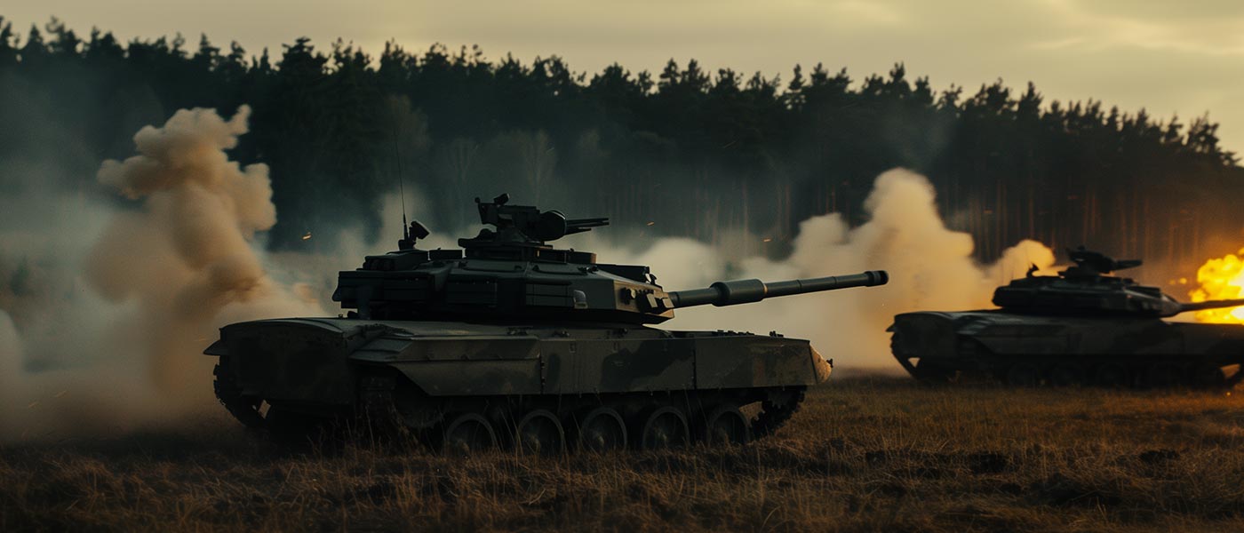 M1A2 Abrams tanks in action at Bemowo Piskie Training Ground in Poland, demonstrating a live exercise of military precision with multinational coordination involving Italian, Spanish, and German armored units.