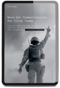 Cover of the Tactical Communications eBook displayed on an iPad, featuring a soldier signaling to a teammate in a smoke-filled environment.